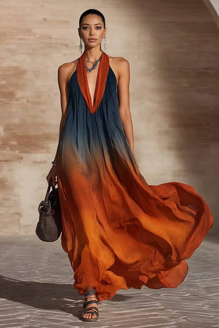 Halter-Neck Backless Gradient Printed Maxi Dress Blue Orange