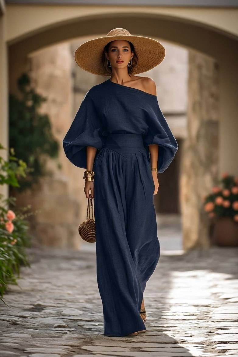 Off-shoulder Shirt And Wide-leg Pants Set Navy