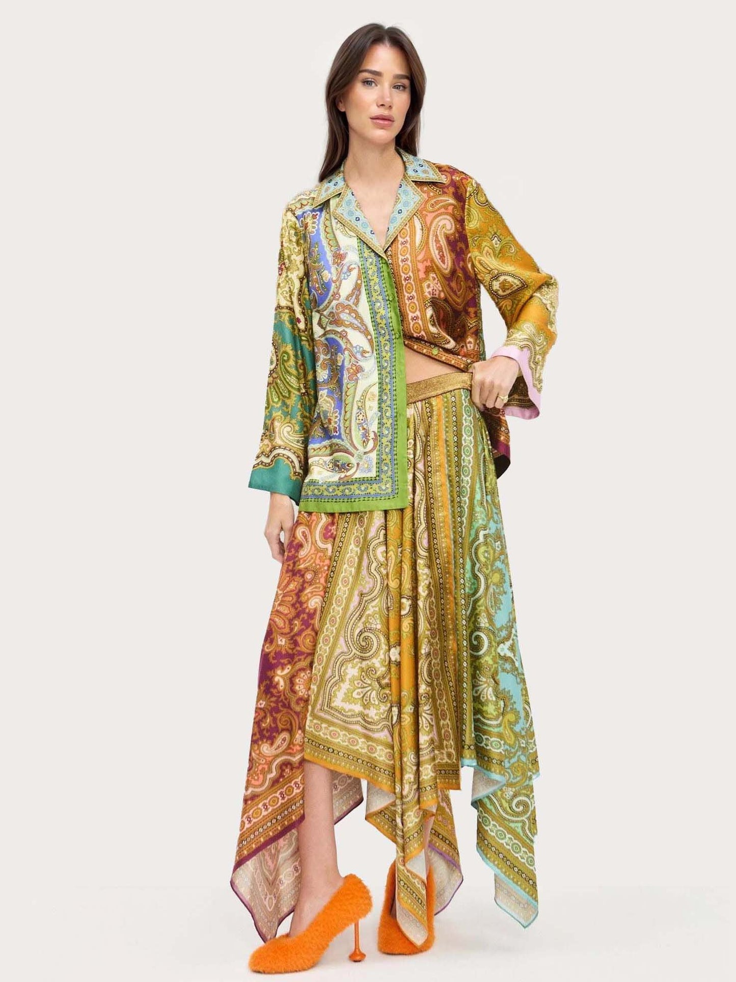 Vintage Paisley Print Satin Skirt Two-Piece Set Multi Suit