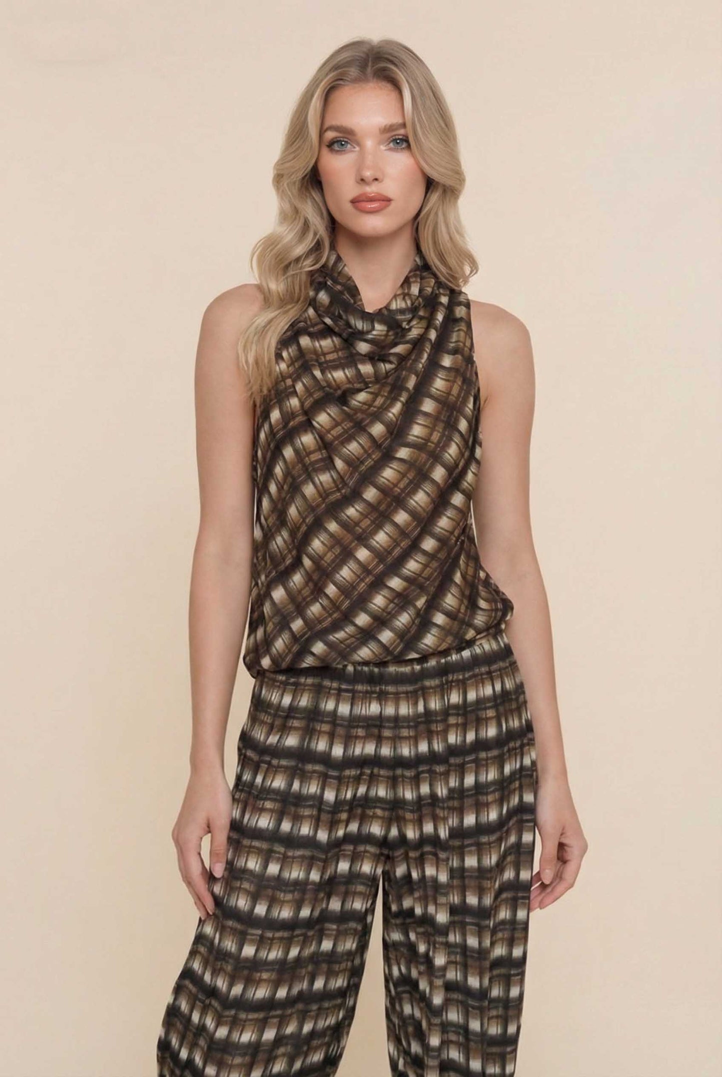 Plaid Cowl-Neck Top And Pants Set