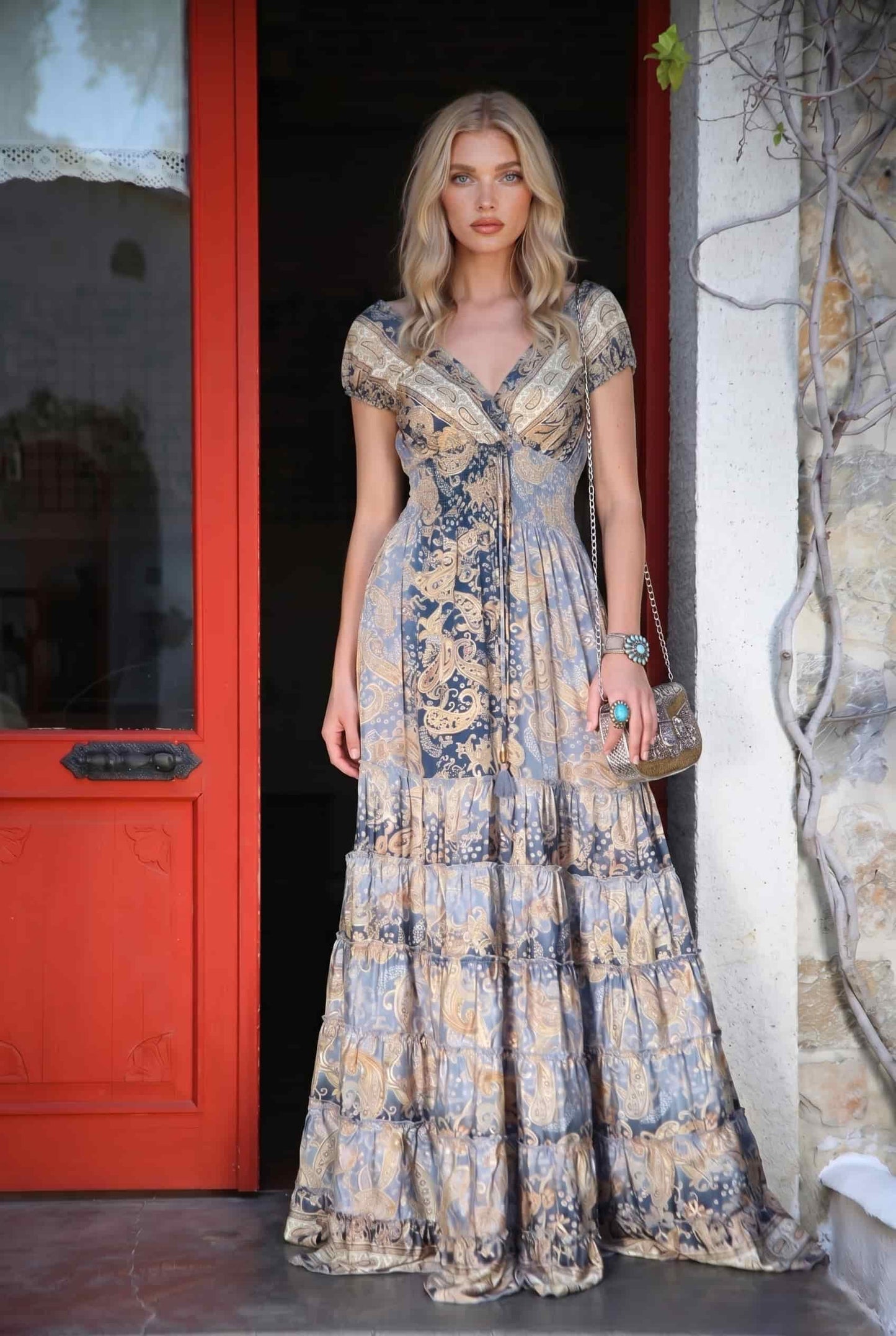 Deep V-Neck Printed High-Waist Maxi Dress Light Blue