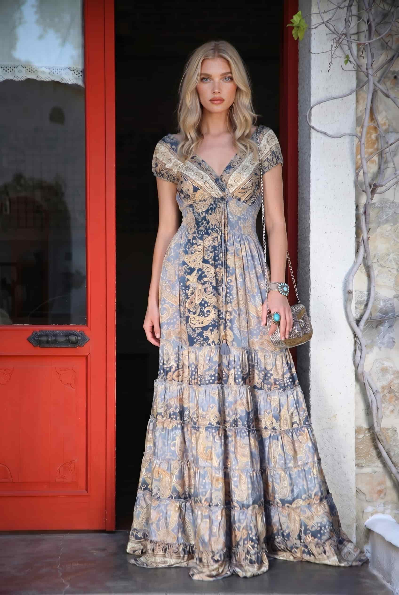 Deep V-Neck Printed High-Waist Maxi Dress Light Blue