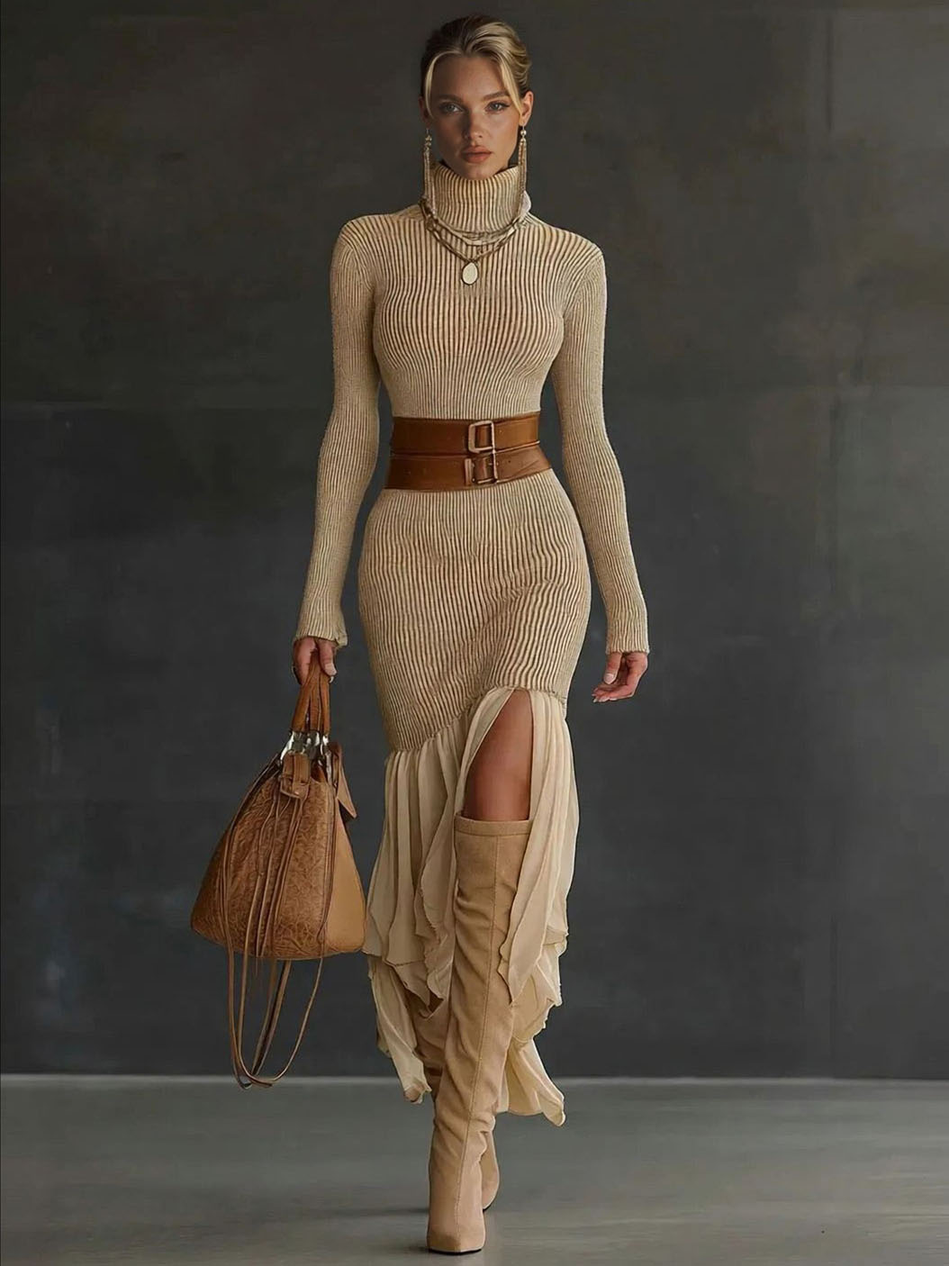 Elegant Asymmetrical Ruffled Knit Midi Dress Khaki