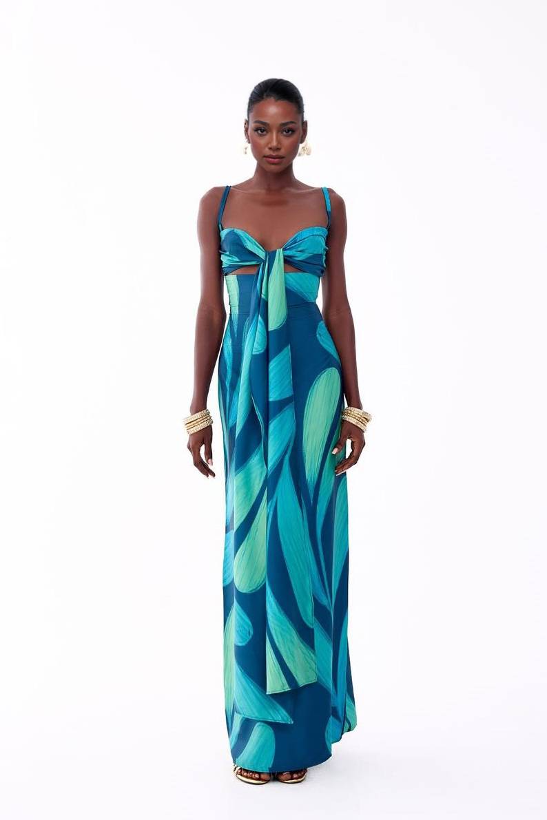 Printed Lace-Up Design Maxi Dress