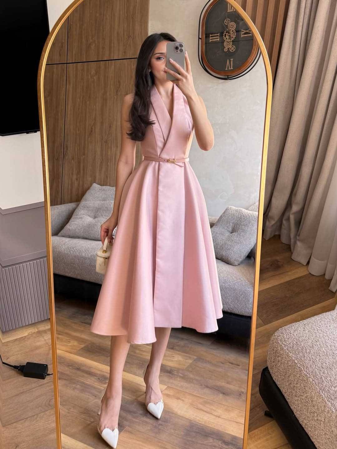 V-Neck High-waisted A- Line Midi Dress Pink