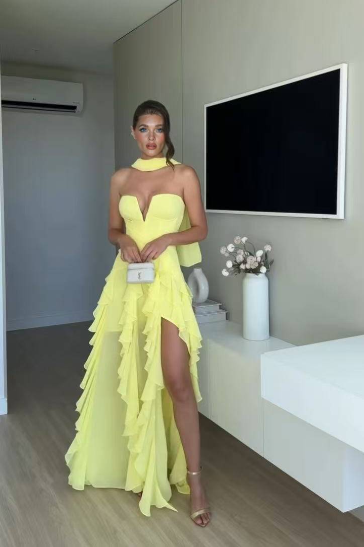 Ruffled Hem Scarf Design Maxi Dress Yellow