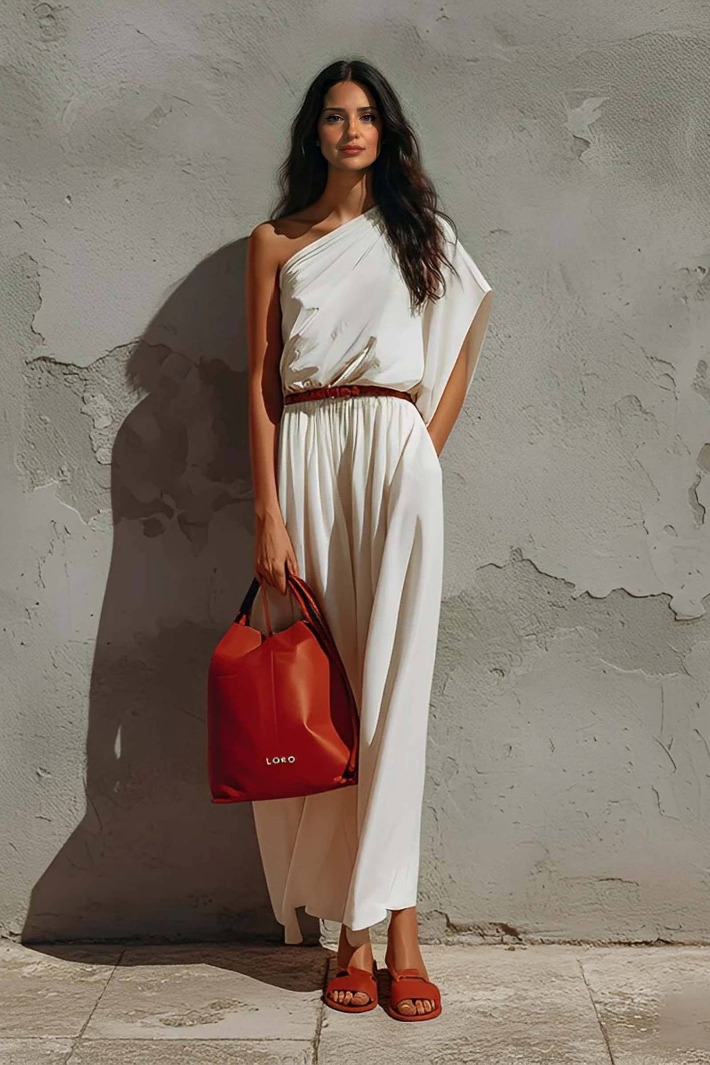 Slant Shoulder Design Dress White
