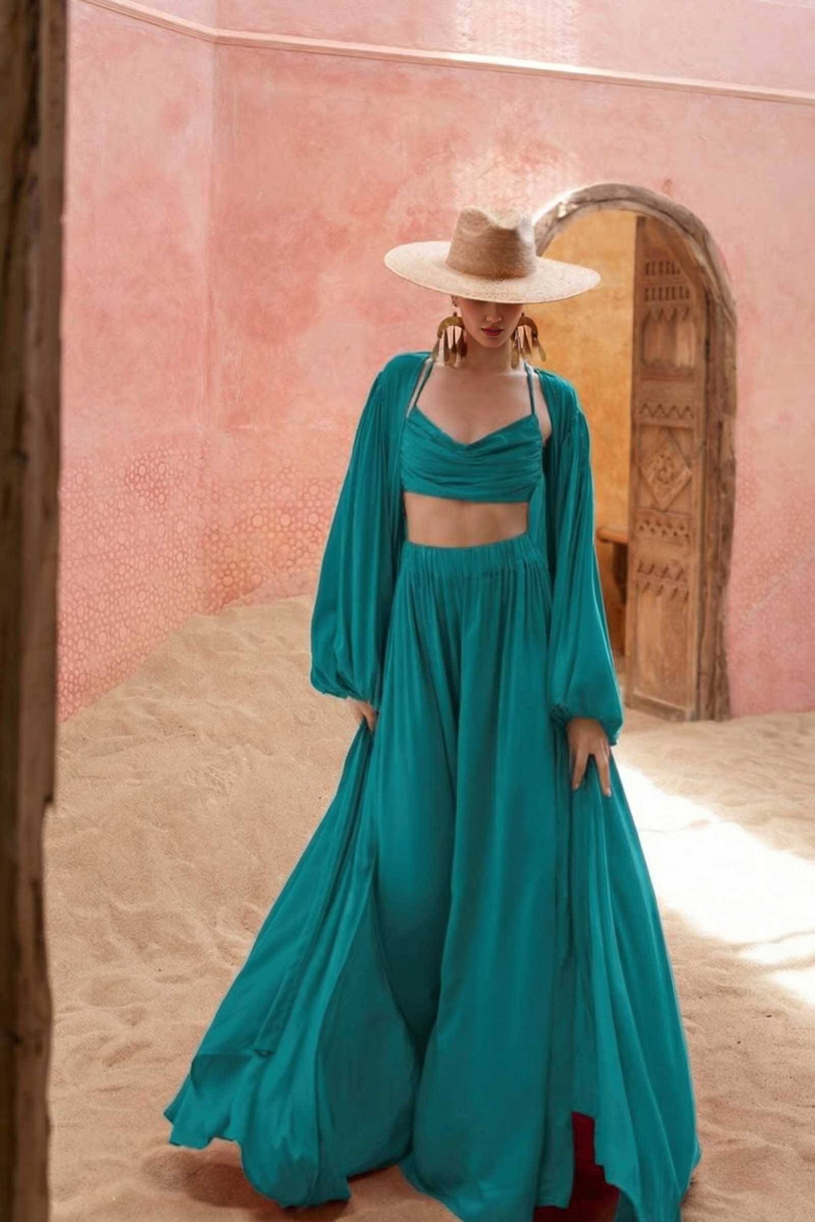 Sling Top And Wide-leg Pants and Jacket Three-piece Set Green