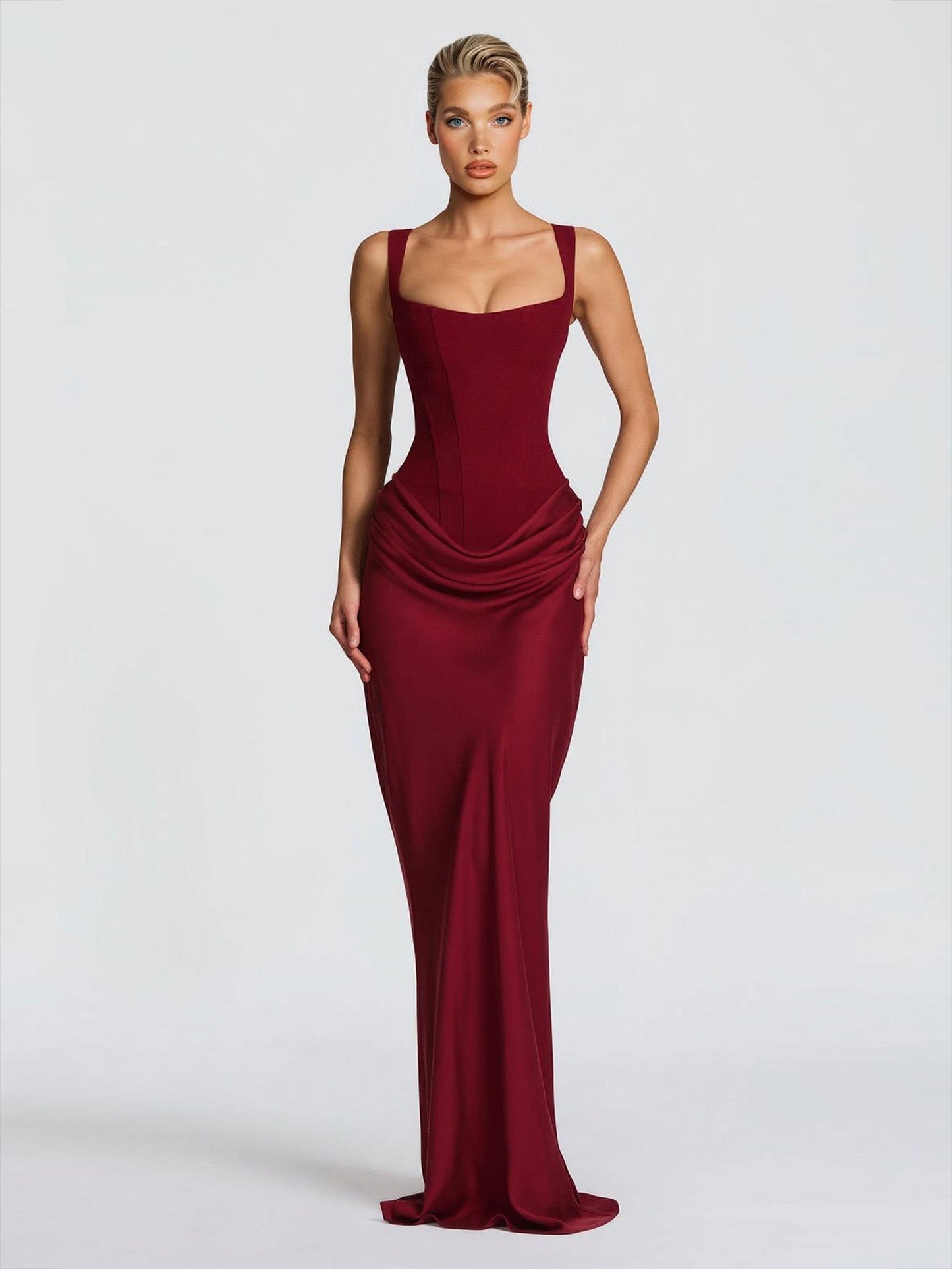 Elegant Square Neck Cinched Top & Ruched Waist Draped Maxi Dress Red