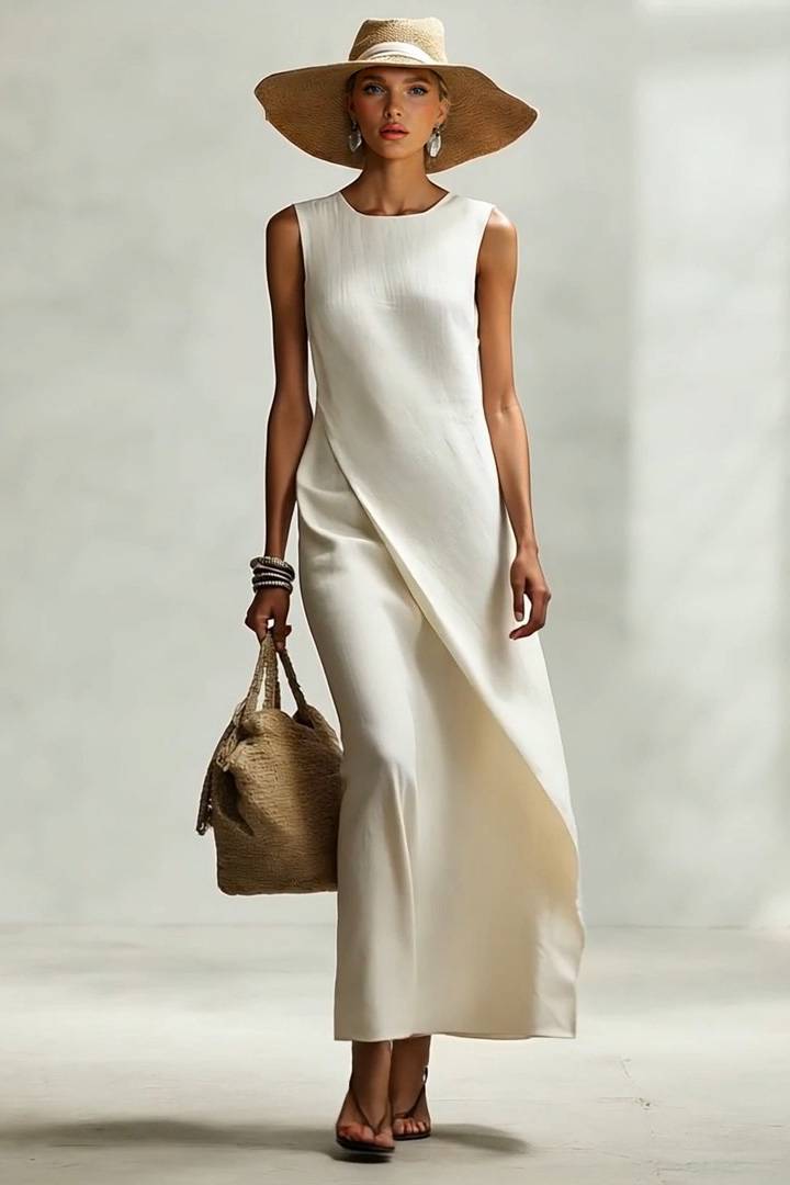 Asymmetrical Hem Design Maxi Dress Off White