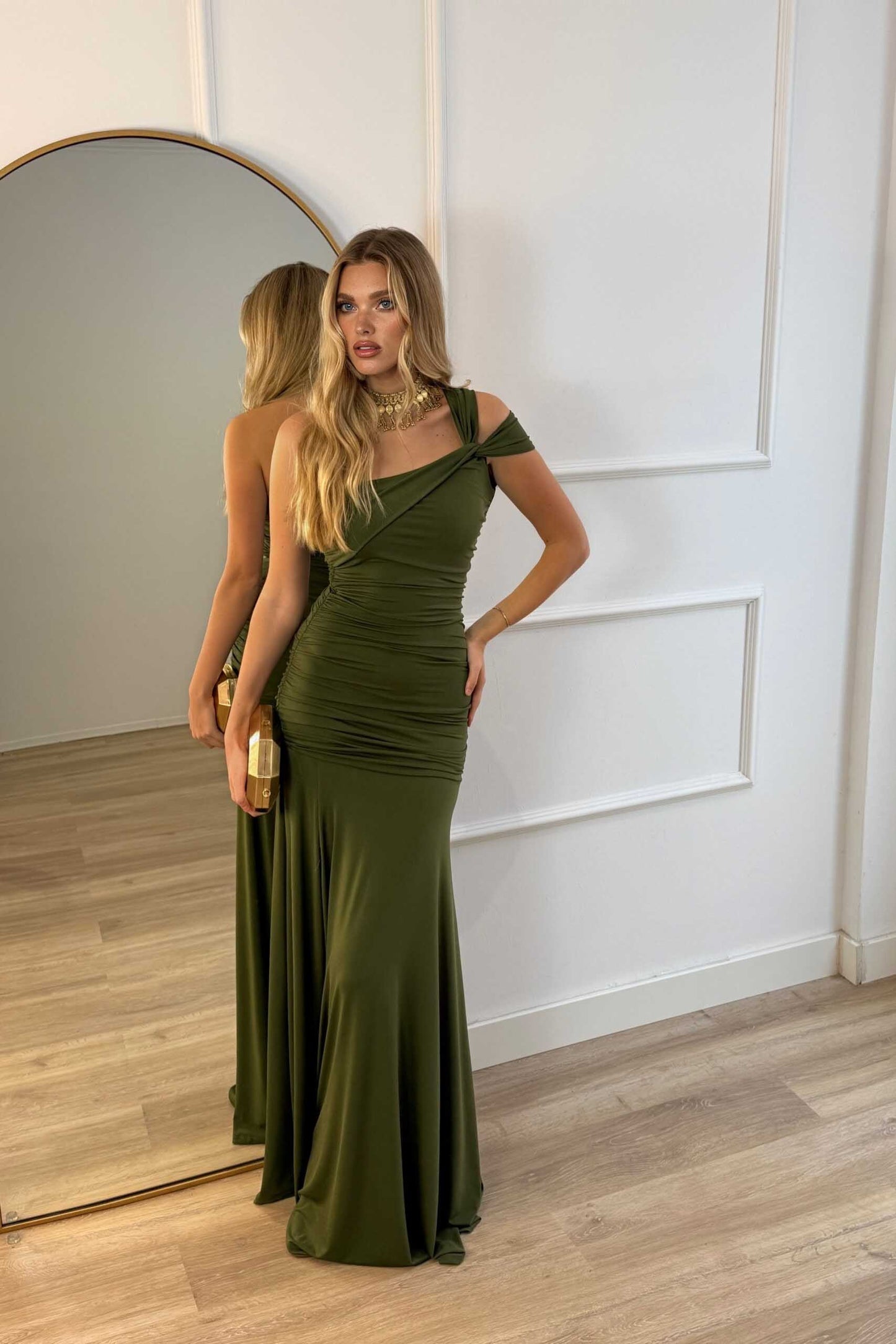 Off-Shoulder Asymmetrical Maxi Dress Dark Green