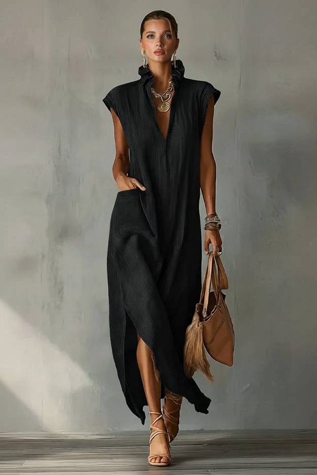Lace Stand Collar Slit Dress Black