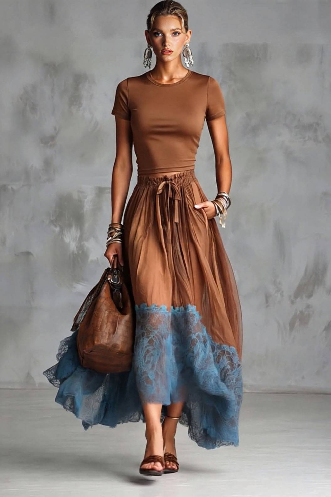 Slim-Fit Short T-Shirt And Lace Irregular Skirt Set Brown