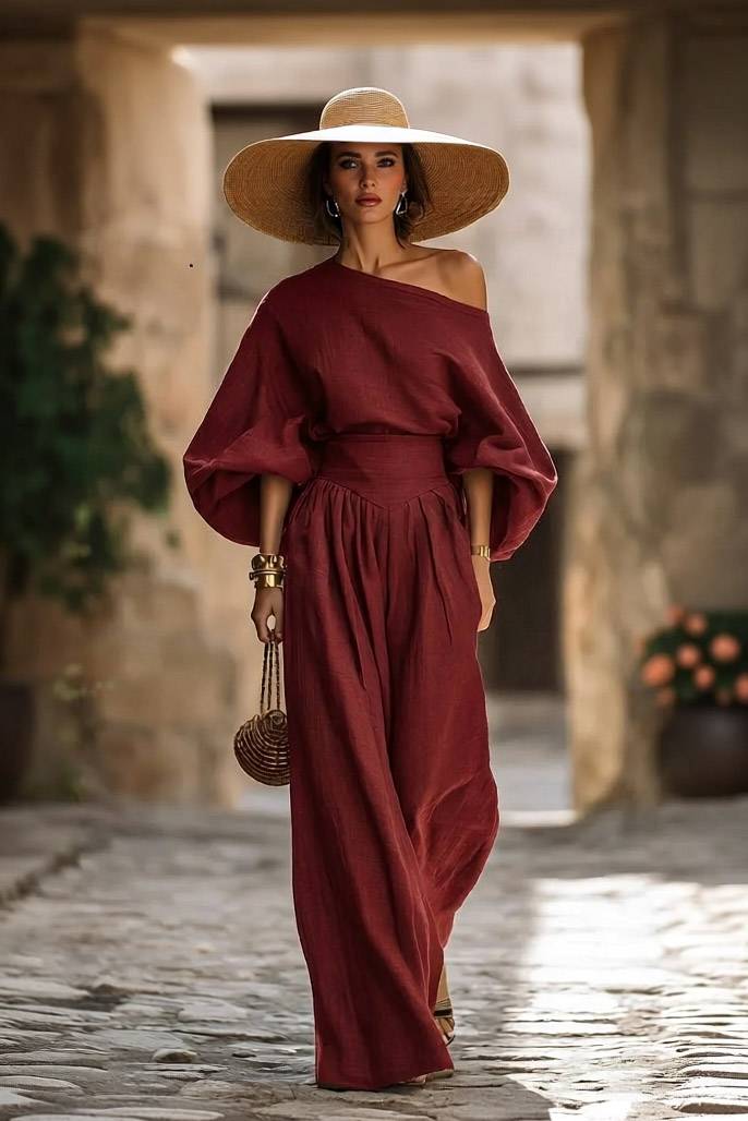Off-shoulder Shirt And Wide-leg Pants Set Red