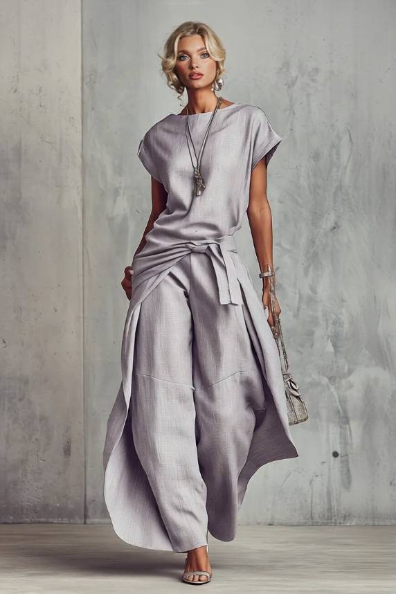 Short-Sleeve Top And Cocoon Pants Set Light Purple