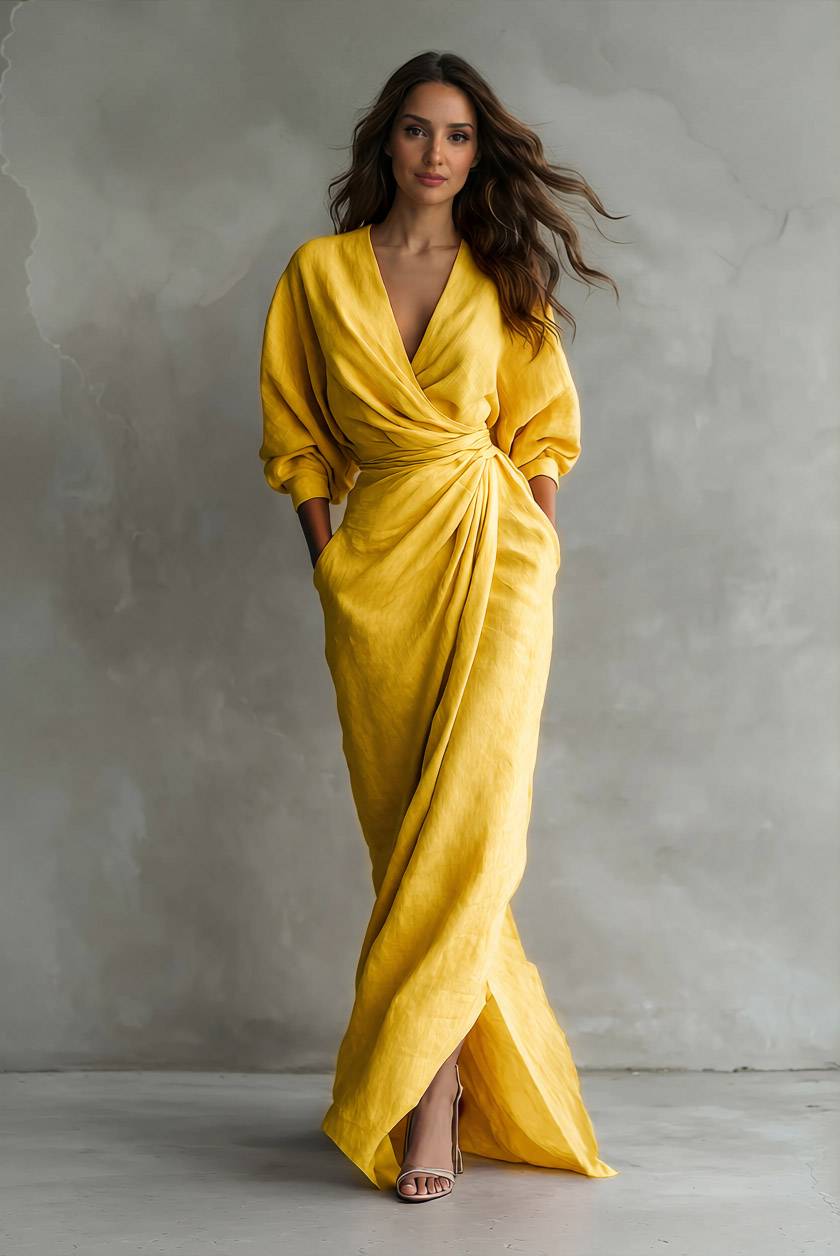 Vacation Style V-Neck Lace-Up Maxi Dress Yellow