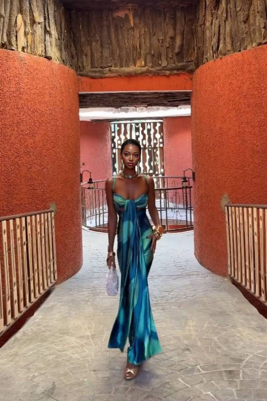 Printed Lace-Up Design Maxi Dress