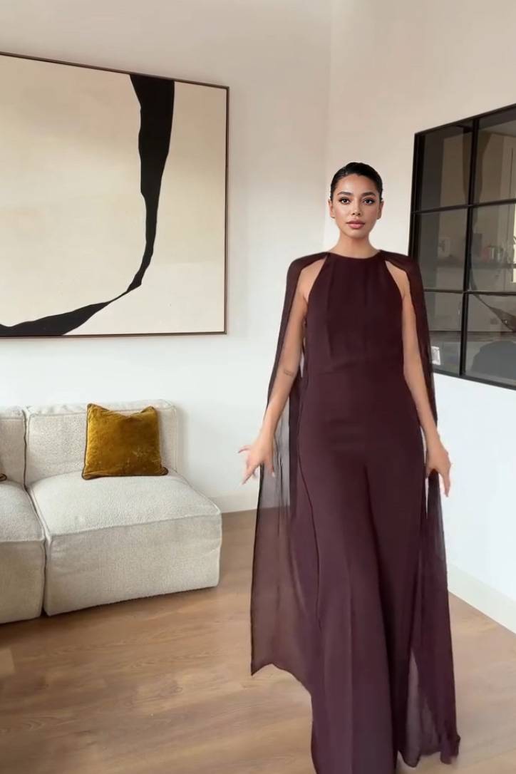 Minimalist Shawl Design Jumpsuit Coffee