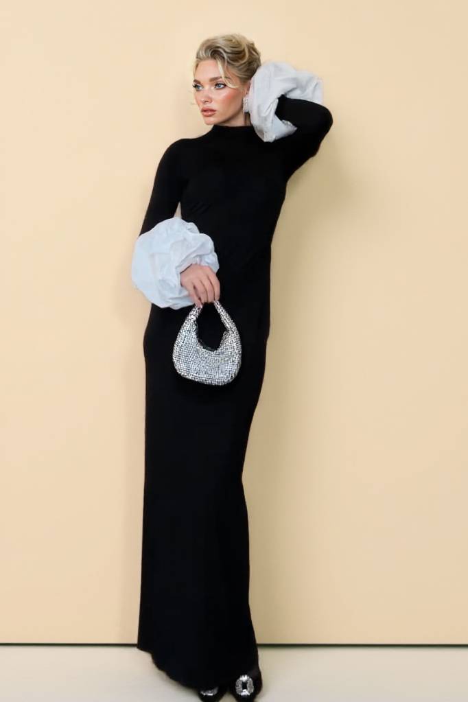 Slim Fit Floral Sleeve Maxi Dress Black