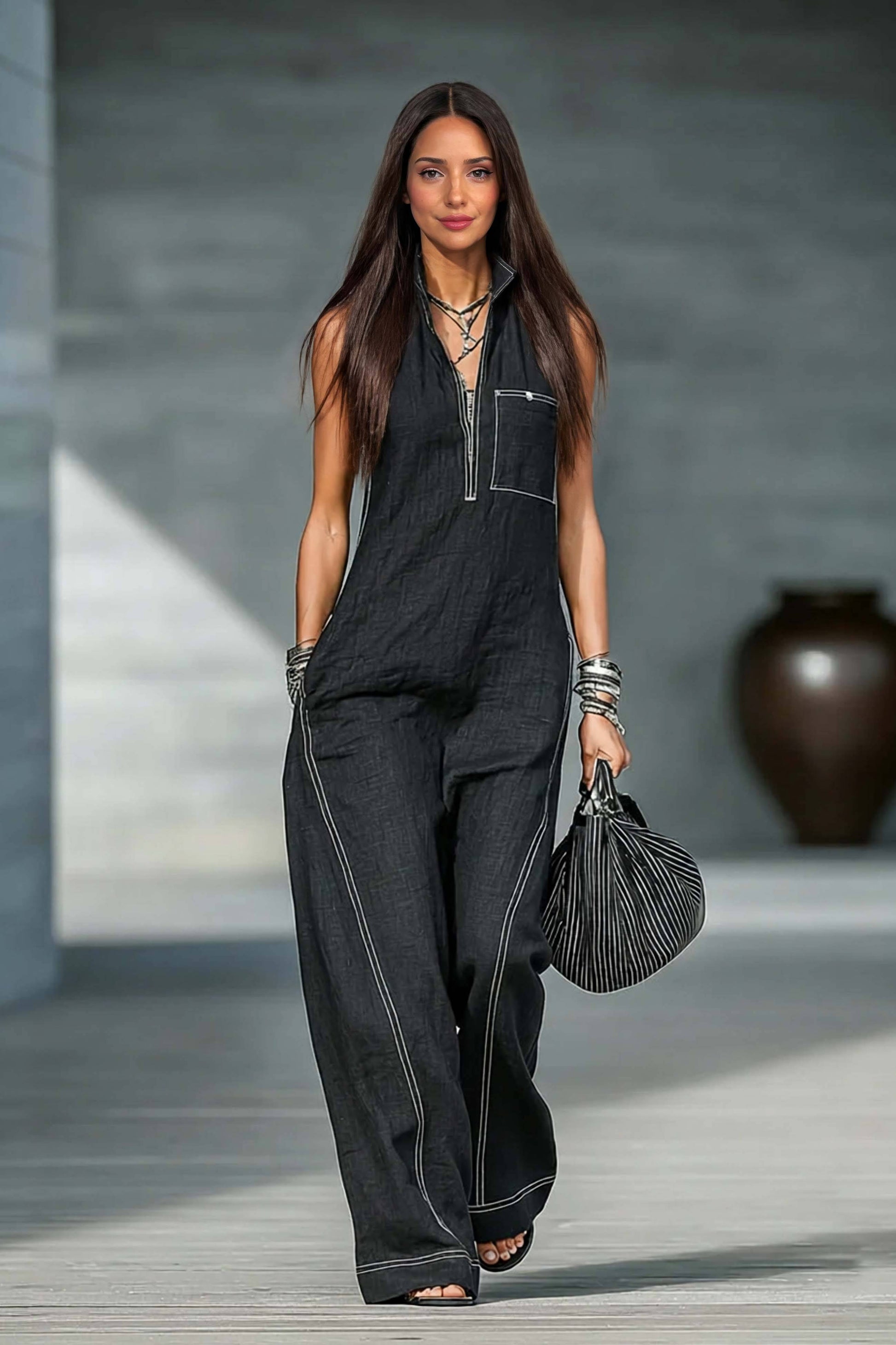 Holiday Style Color Contrast Jumpsuit Black