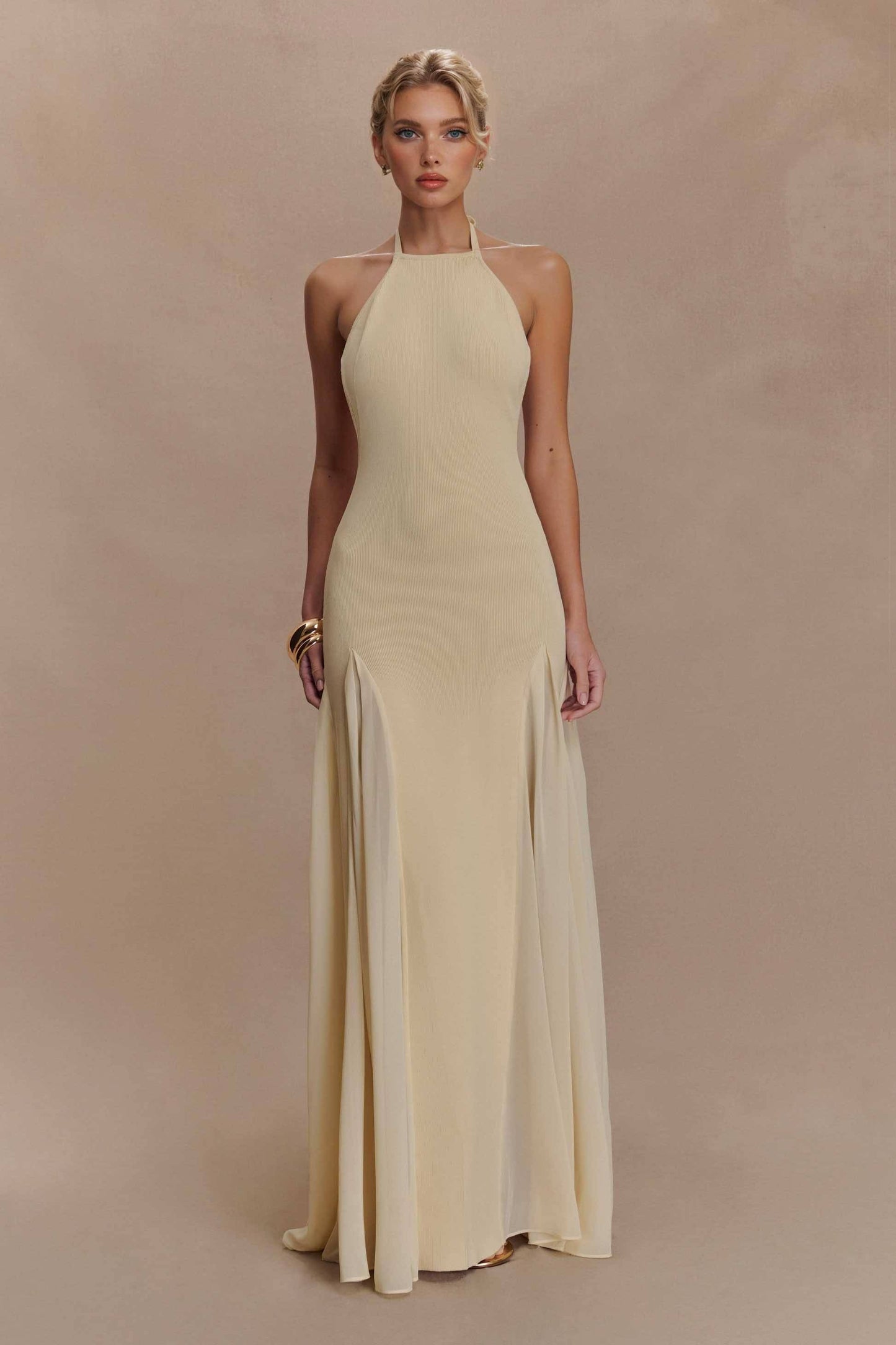 Halter-Neck Knit Tulle Spliced Maxi Dress Apricot