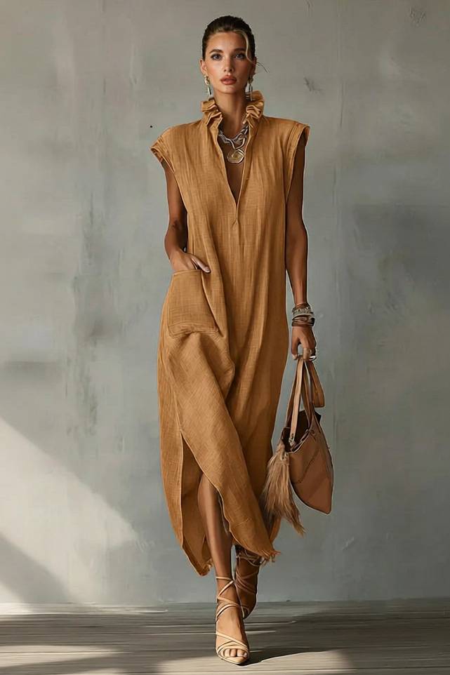 Lace Stand Collar Slit Dress Brown