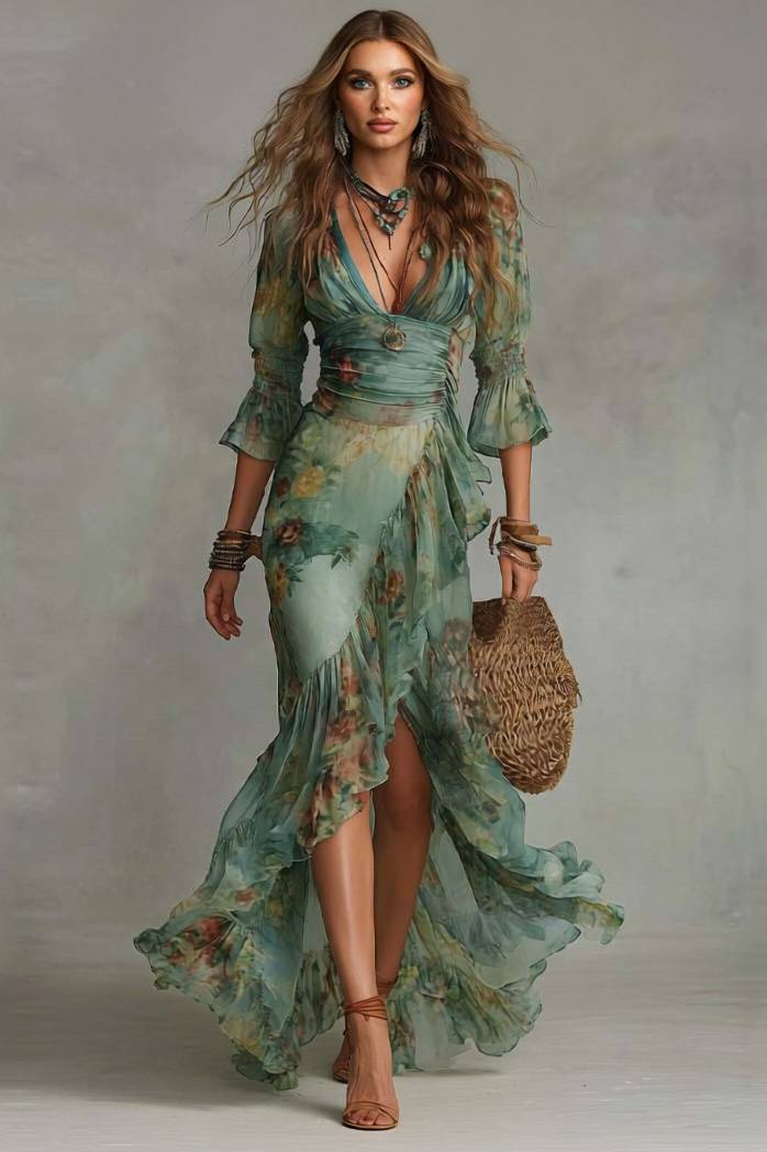 V-Neck Floral Printed Ruffled Hem Dress Green