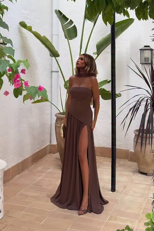 Strapless Slit Scarf Maxi Dress Coffee