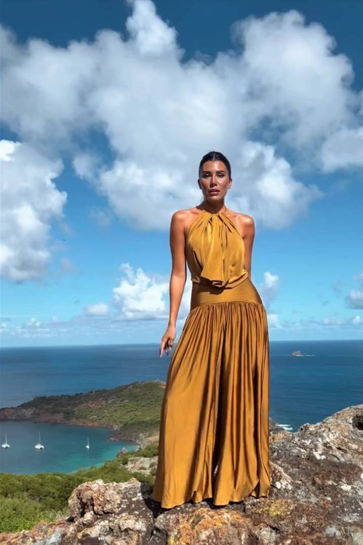 Halter-Neck Backless Bodysuit And Wide Leg Pants Set Brownish Yellow