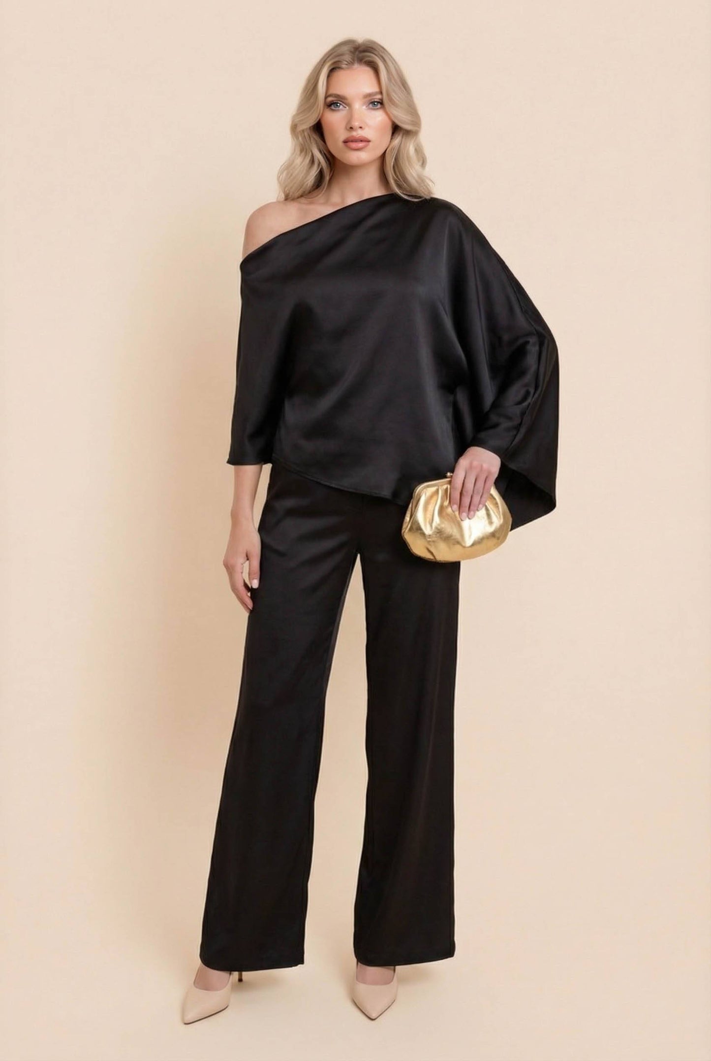 Off-Shoulder Asymmetric Shirt And Wide Leg Pants Set