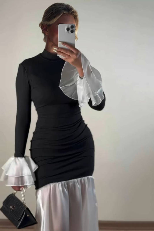 Color Contrast Fishtail Slim Fit Midi Dress