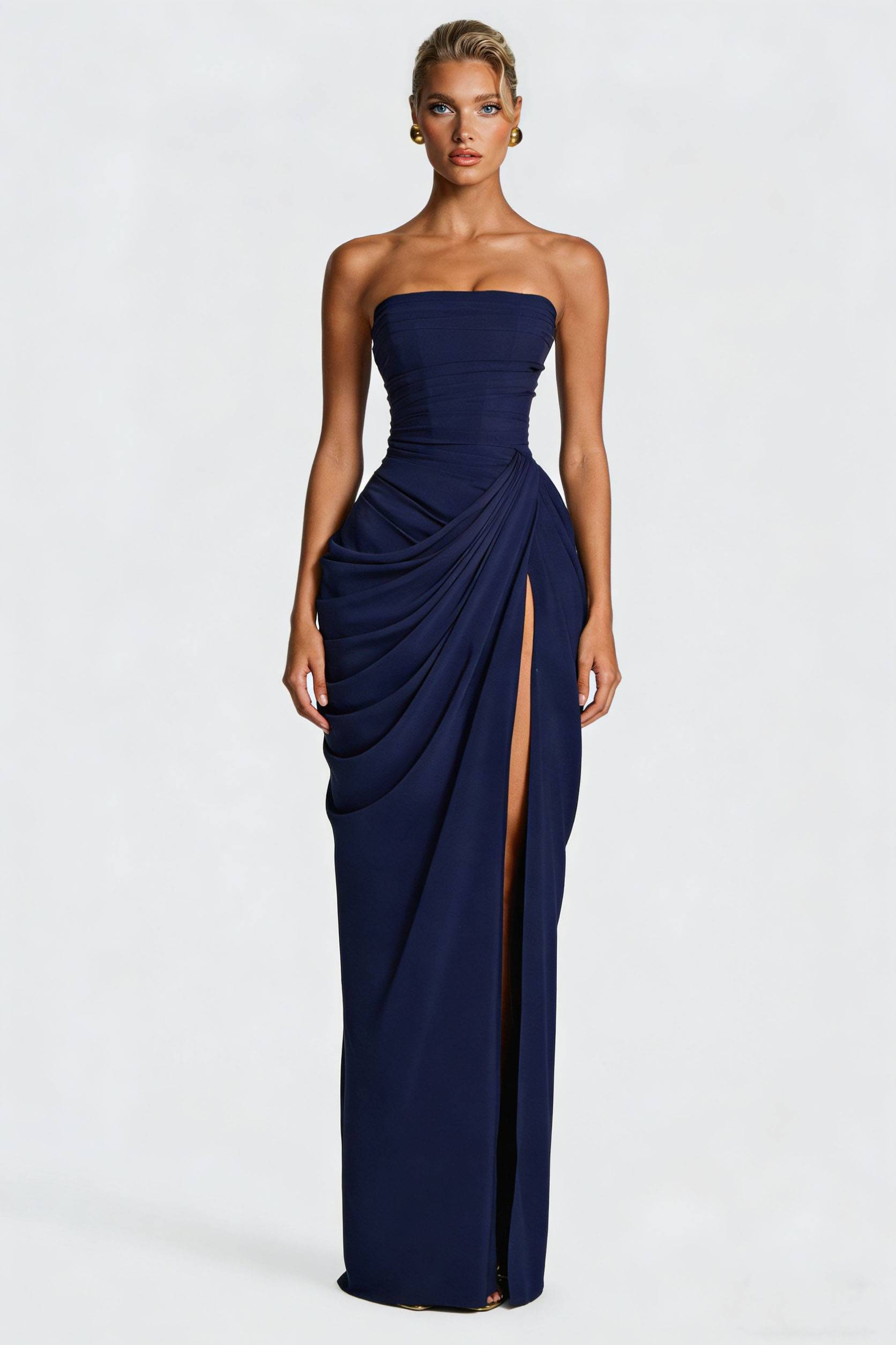Strapless Pleated Slit Maxi Dress Navy