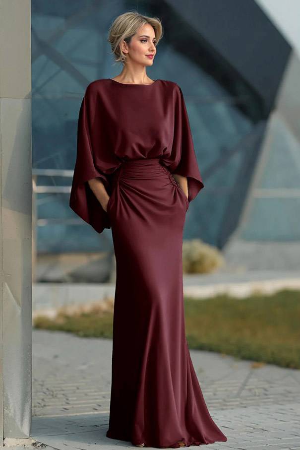 Boat Neck Backless Pleated Maxi Dress Burgundy