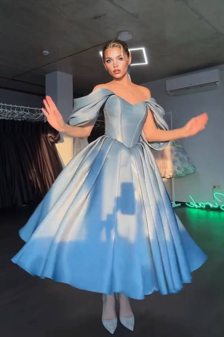 Elegant Off-shoulder A- Line Skirt Midi Dress Blue