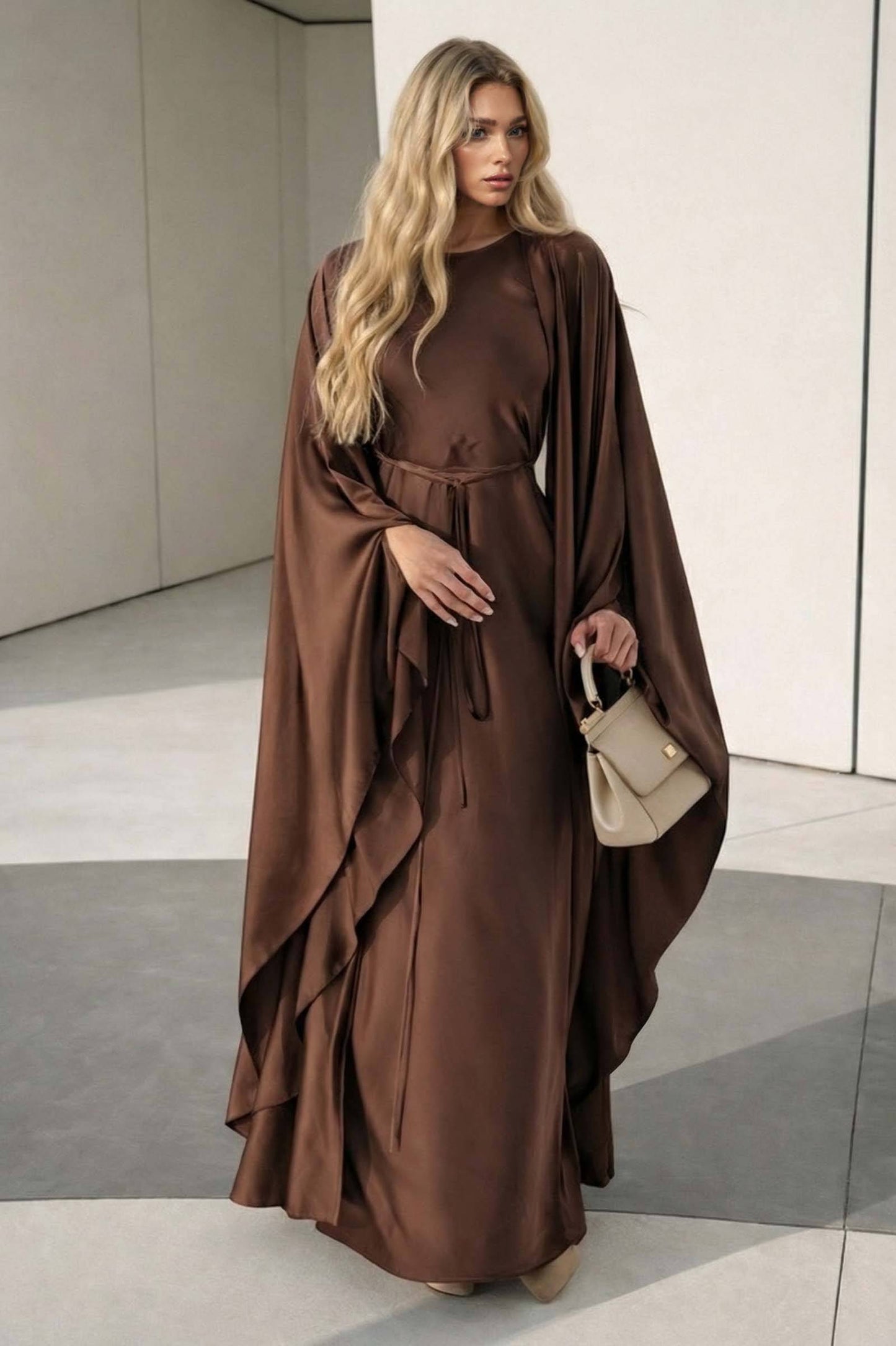Short Sleeve Maxi Dress Shawl Set Brown