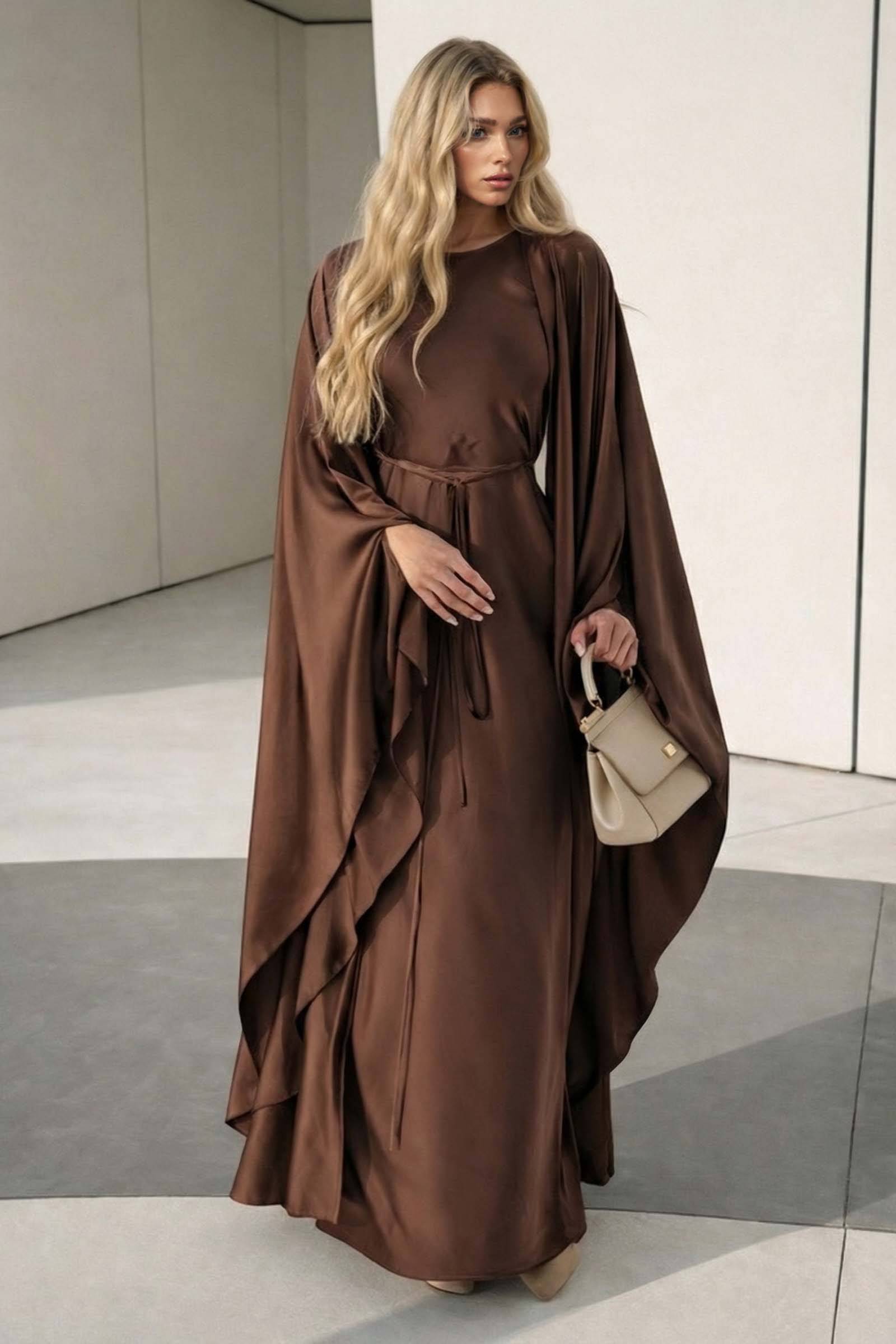 Short Sleeve Maxi Dress Shawl Set Brown