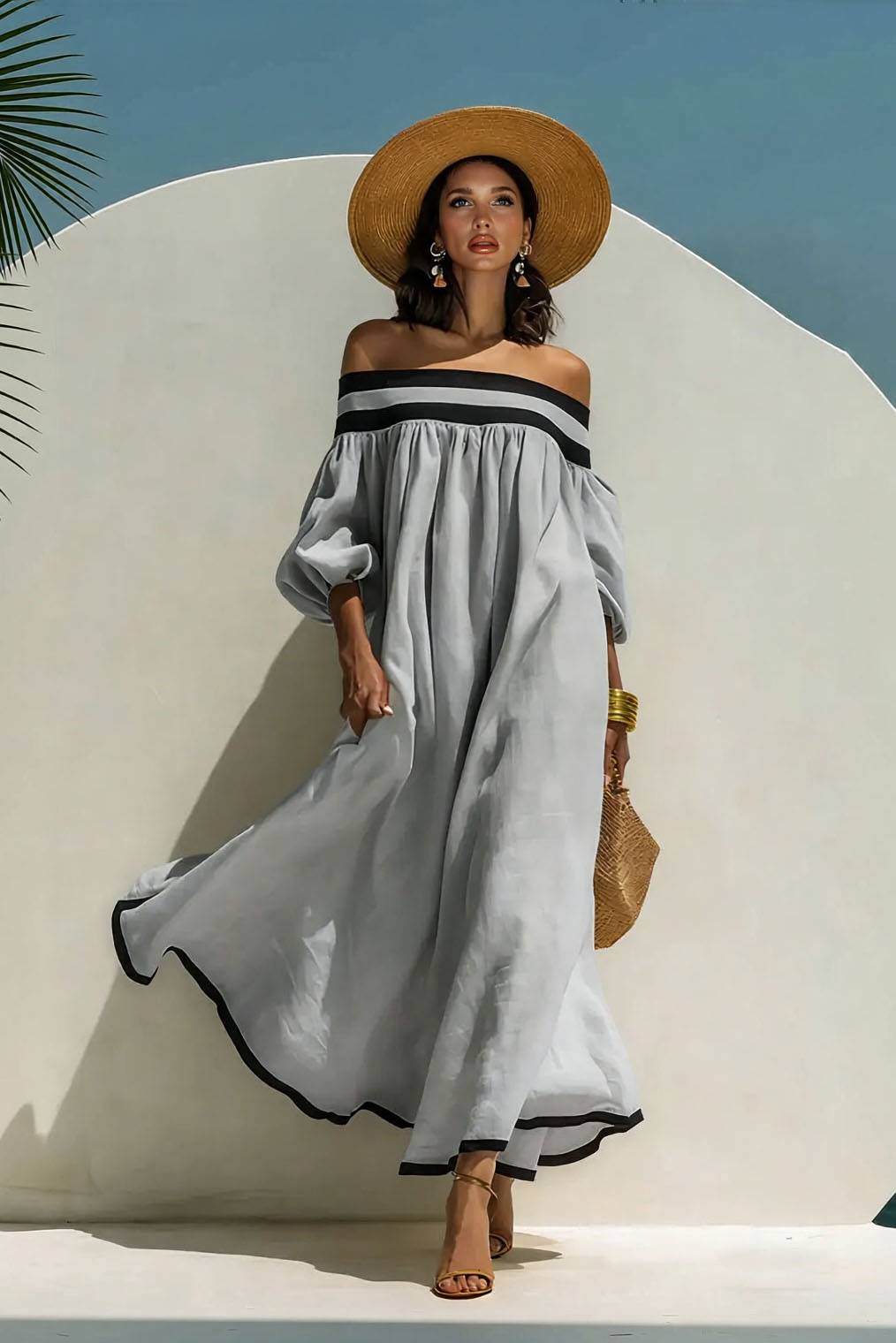 Color Contrast Off-Shoulder Loose-Fitting Dress Grey