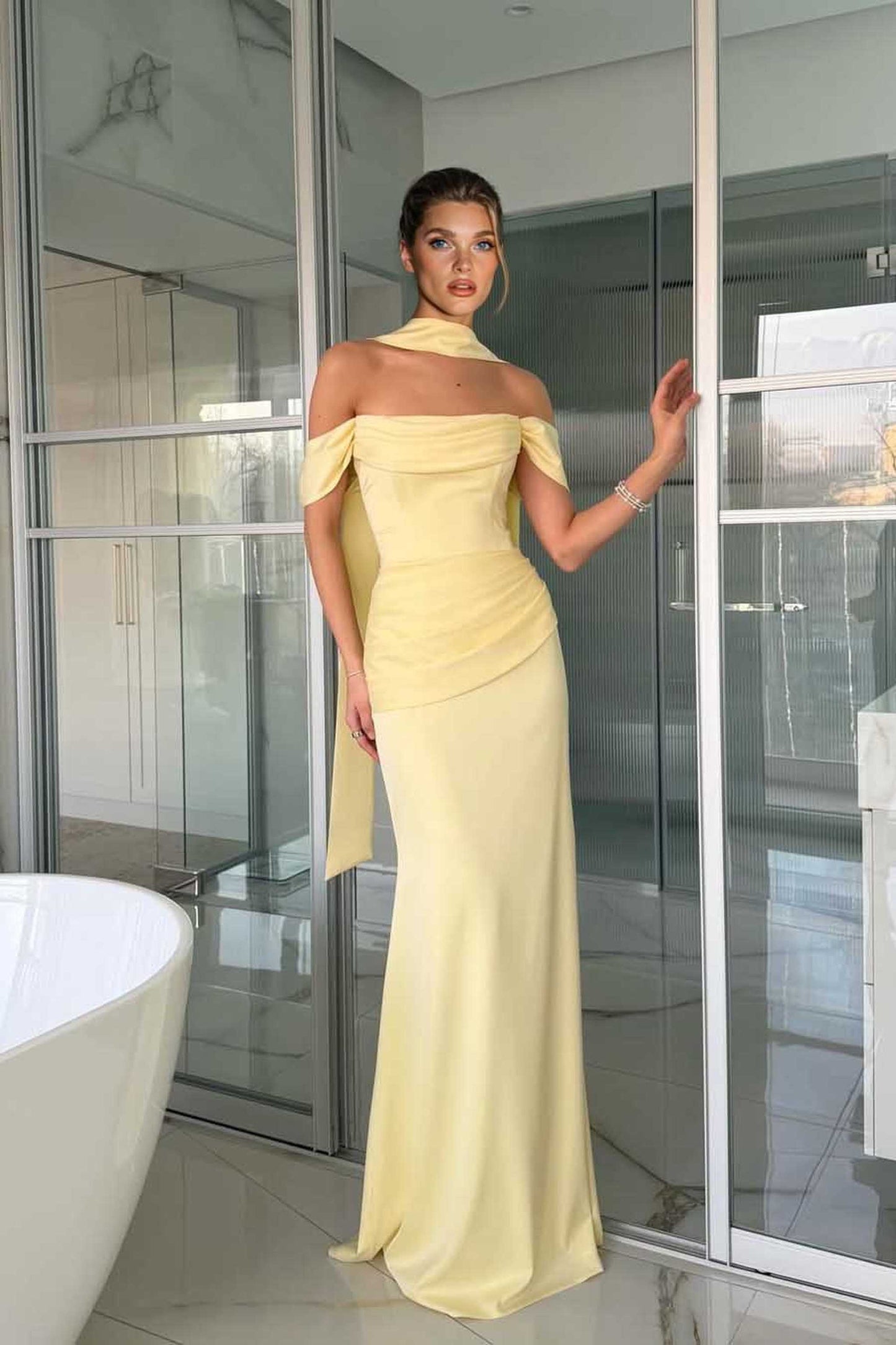 Off-Shoulder Pleated Scarf Maxi Dress Yellow