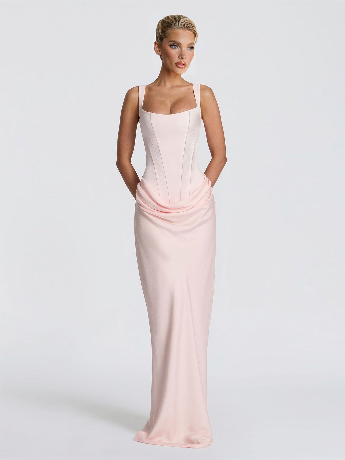 Elegant Square Neck Cinched Top & Ruched Waist Draped Maxi Dress Pink