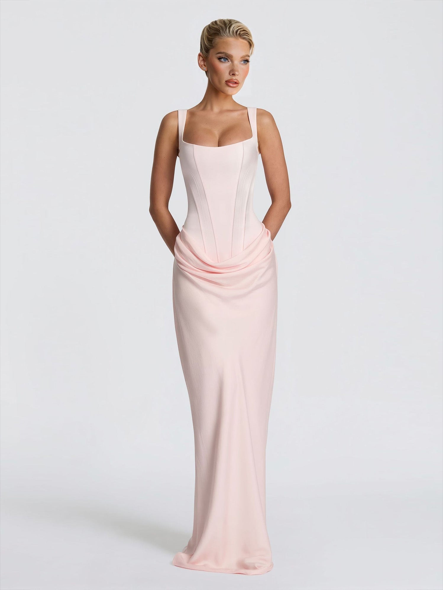 Elegant Square Neck Cinched Top & Ruched Waist Draped Maxi Dress Pink