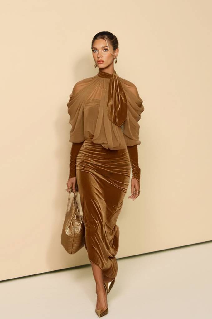 Velvet Splicing Tulle Irregular Hem Dress Brownish Yellow