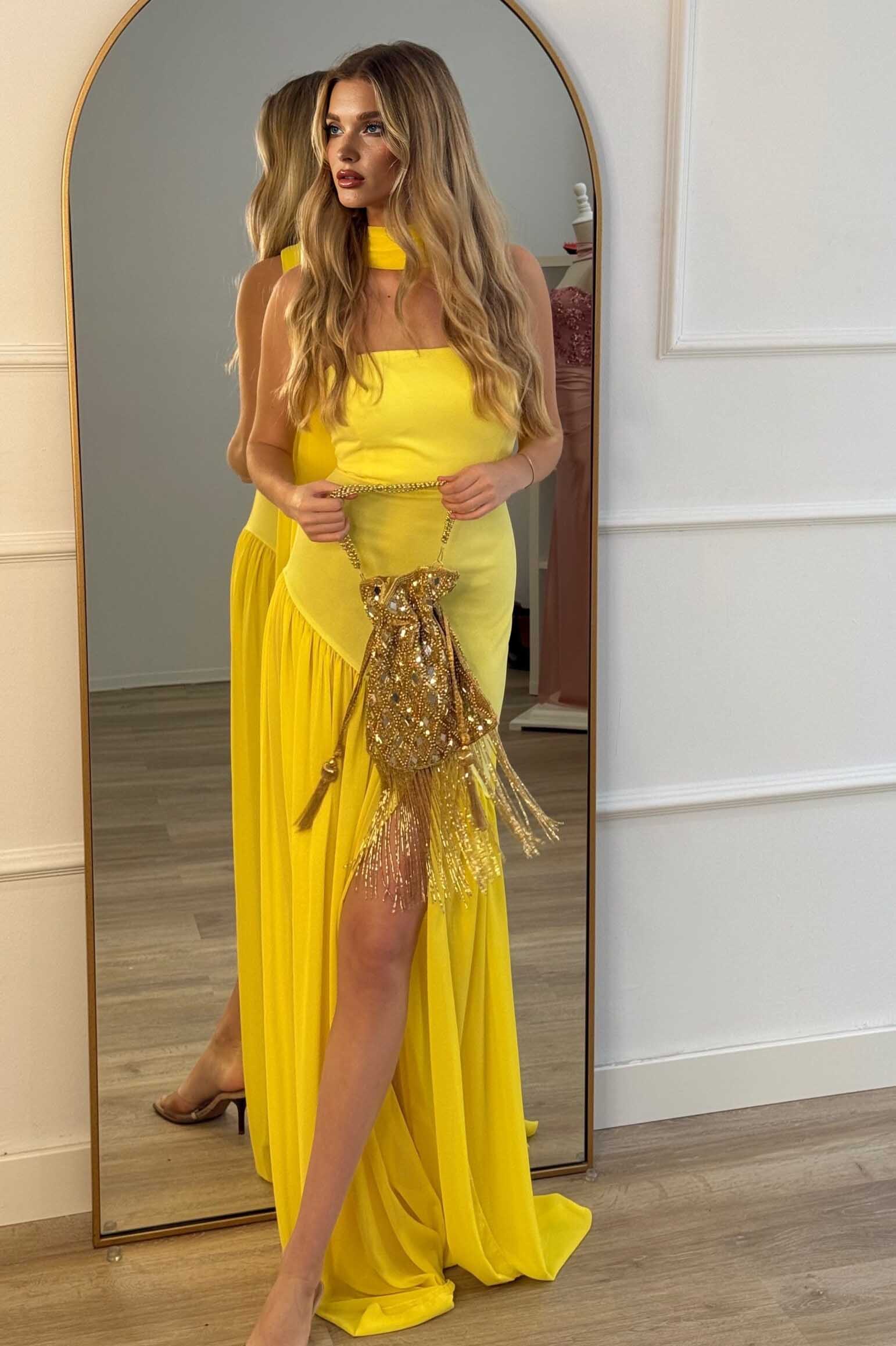 Strapless Slit Scarf Maxi Dress Yellow