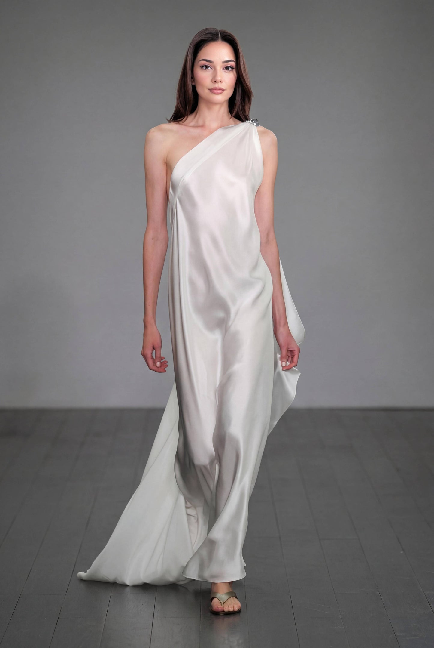 Slant Shoulder A- Line Maxi Dress White