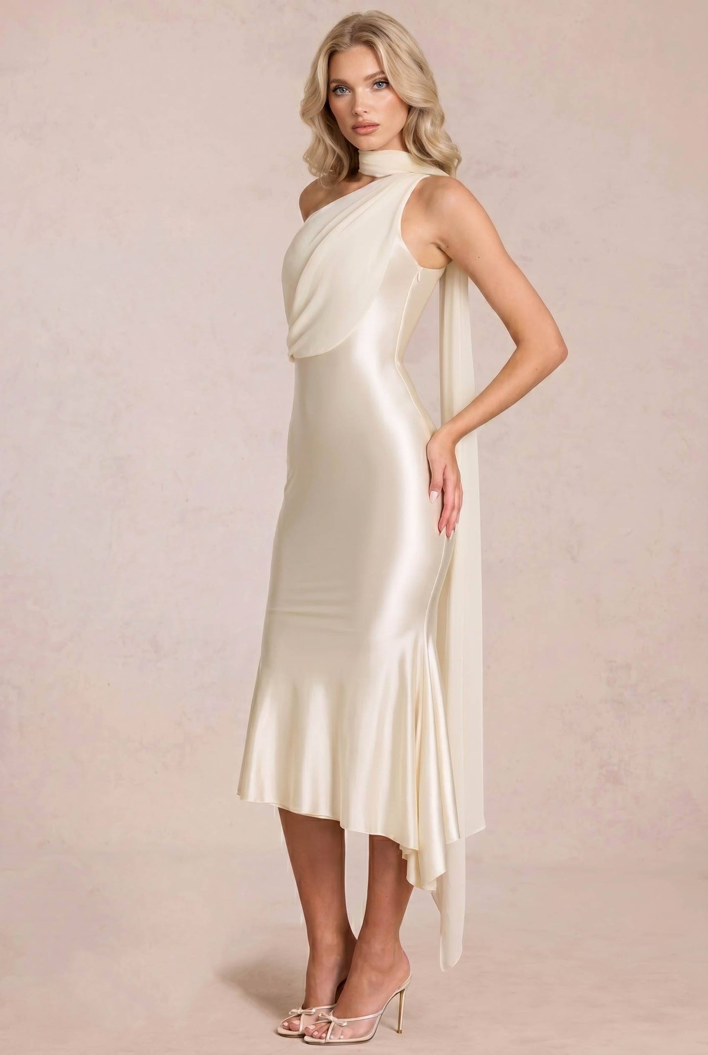 Oblique Collar Ribbon Midi Dress