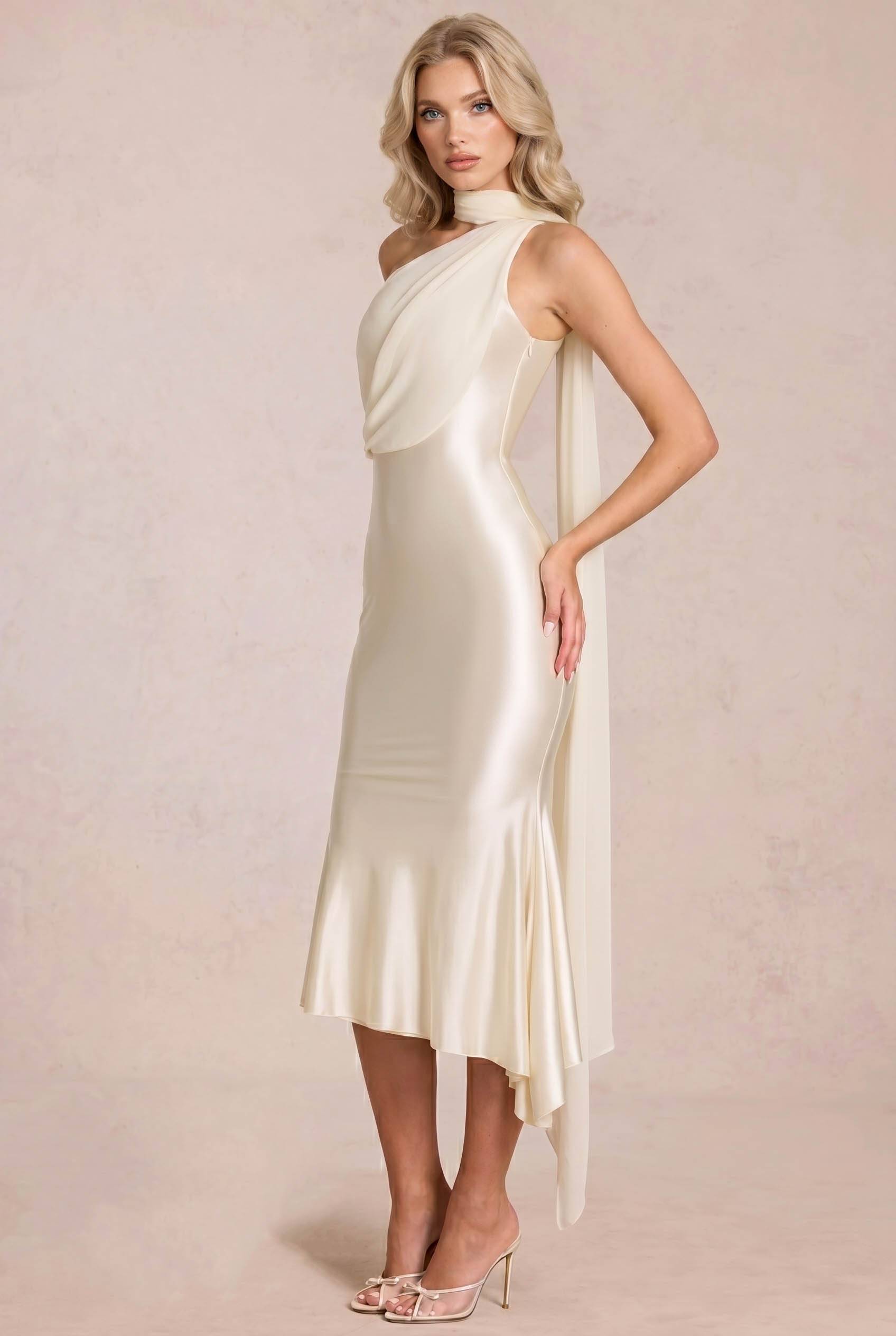 Oblique Collar Ribbon Midi Dress