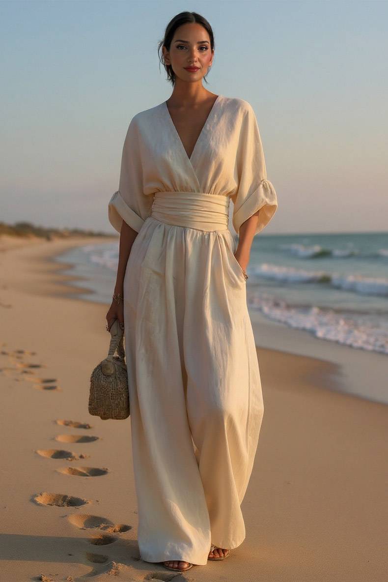 High-Waist Pleated Designs Jumpsuit White
