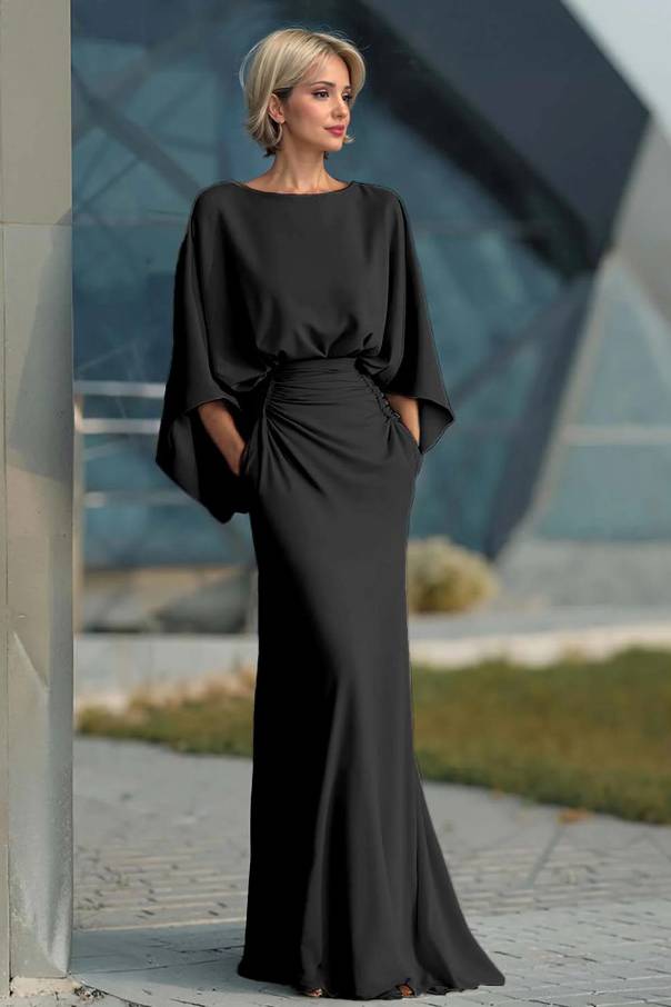 Boat Neck Backless Pleated Maxi Dress Black