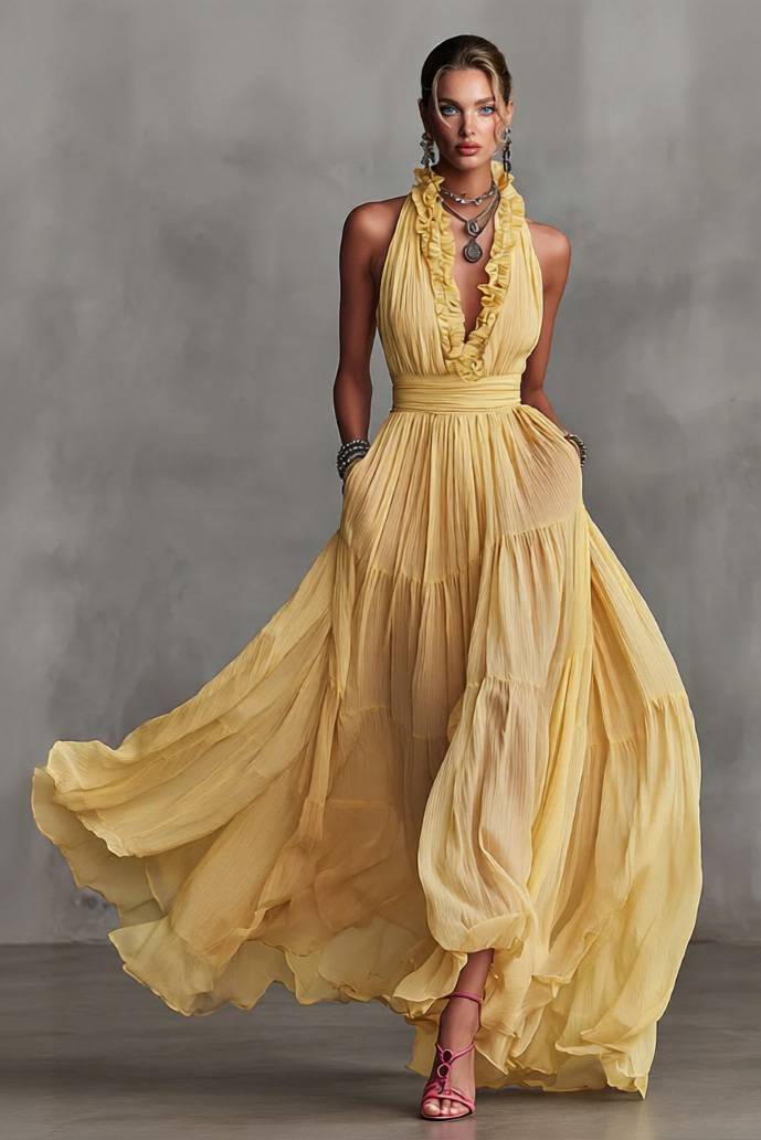 Lace V-Neck Maxi Dress Yellow