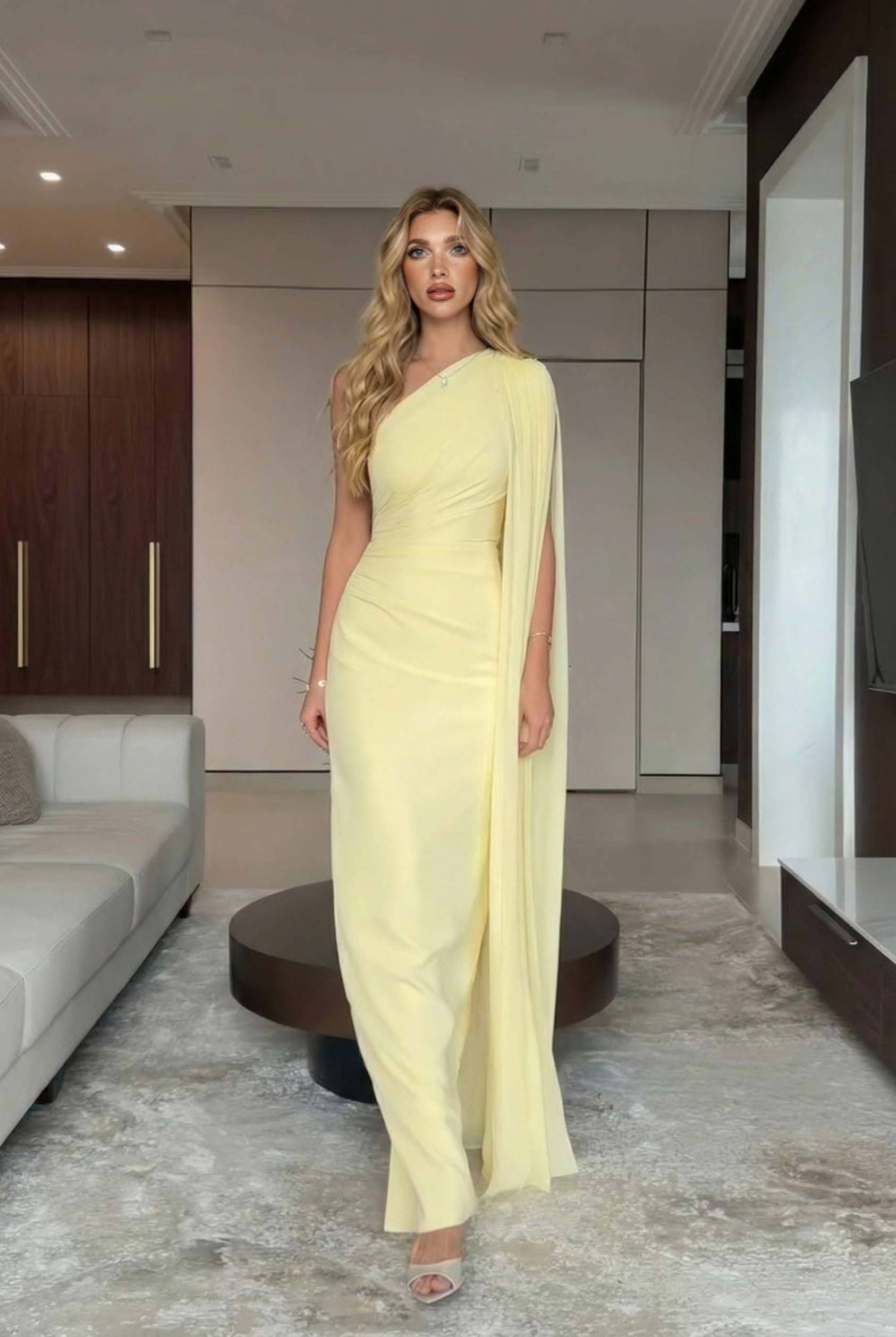 Slant Shoulder Shawl Design Maxi Dress Yellow