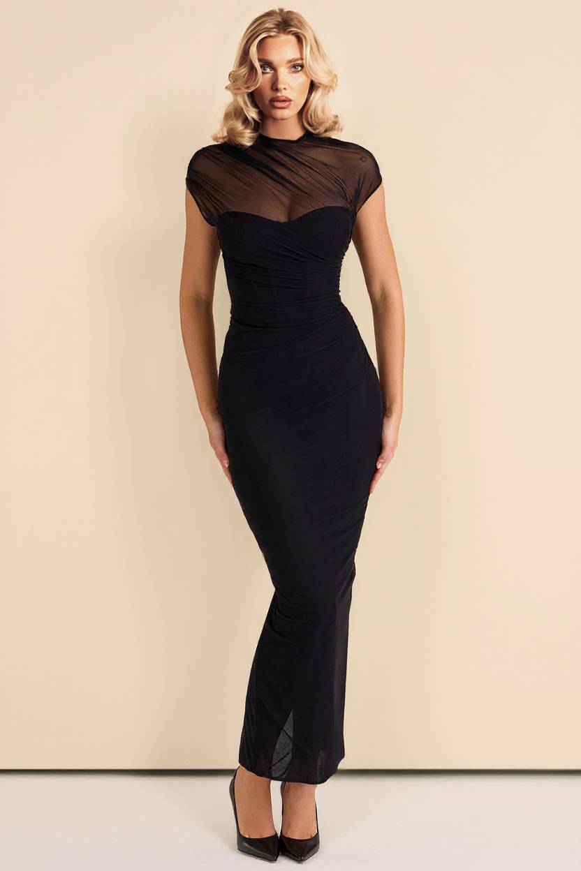 See-Through Tulle Splicing Slim-Fit Maxi Dress Black